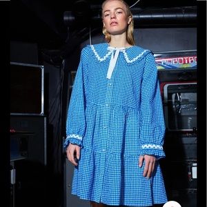 NWT Danish Brand- Cras Dania Frill Collar Puff Sleeve Blue Dress- SZ 40